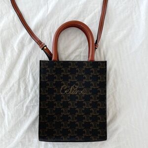 CELINE MINI VERTICAL CABAS IN TRIOMPHE CANVAS AND CALFSKIN WITH CELINE PRINT